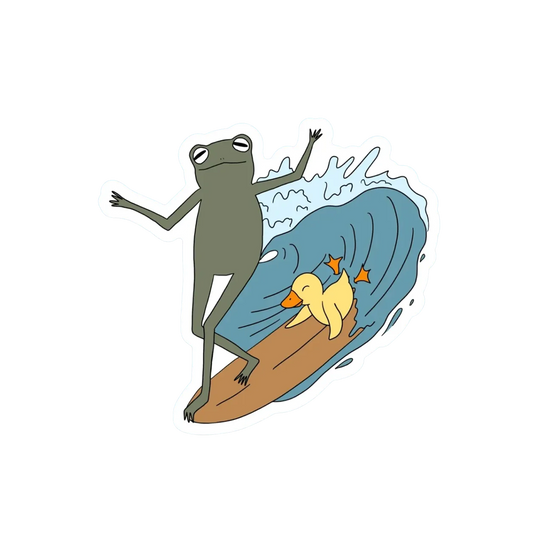 FROG SURFING WITH A DUCK STICKER