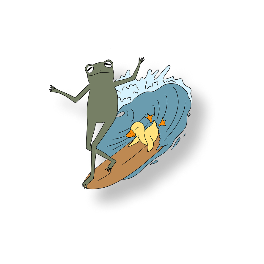 frog surfing with a duck