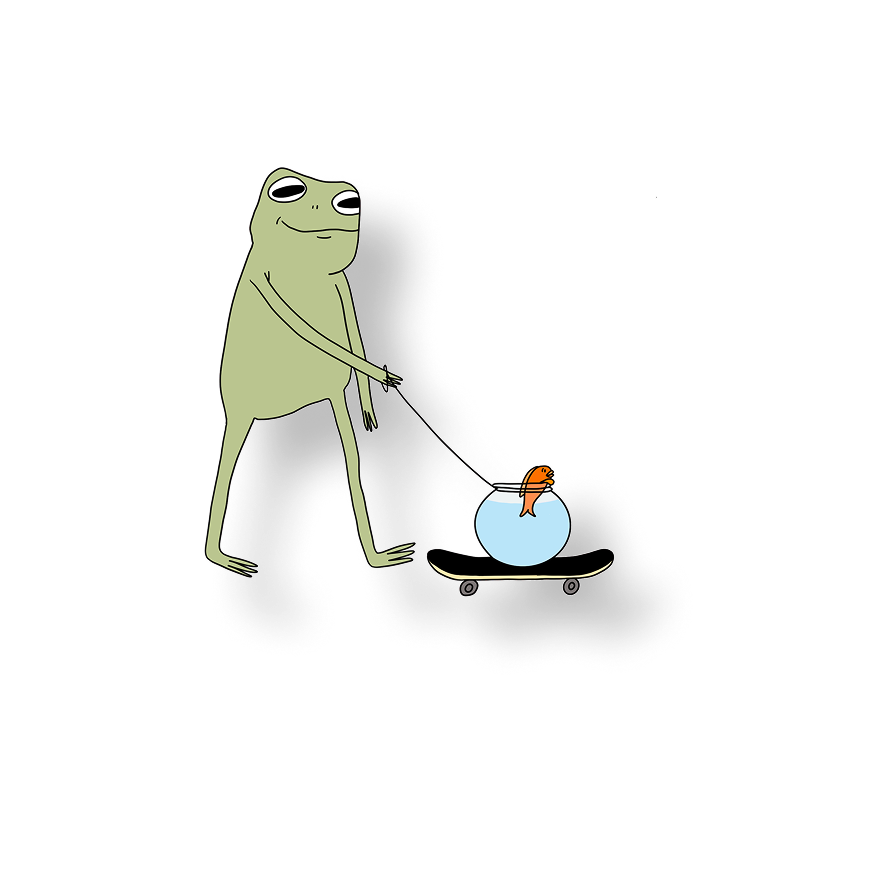 frog walkin a goldfish