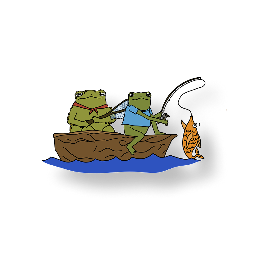 frogs fishing in a walnut