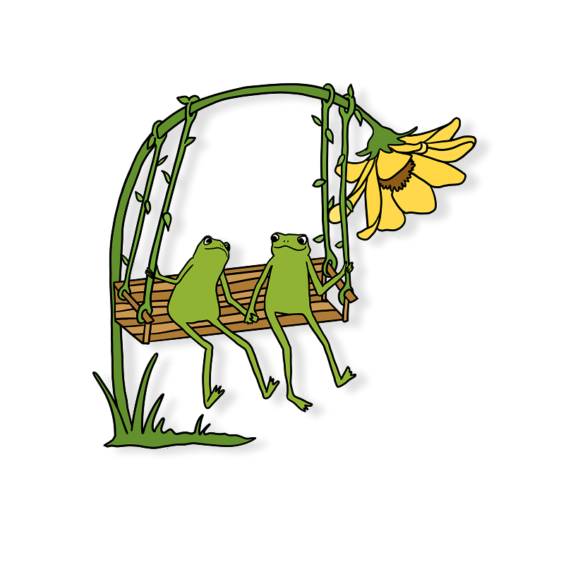 frogs swinging on a bench